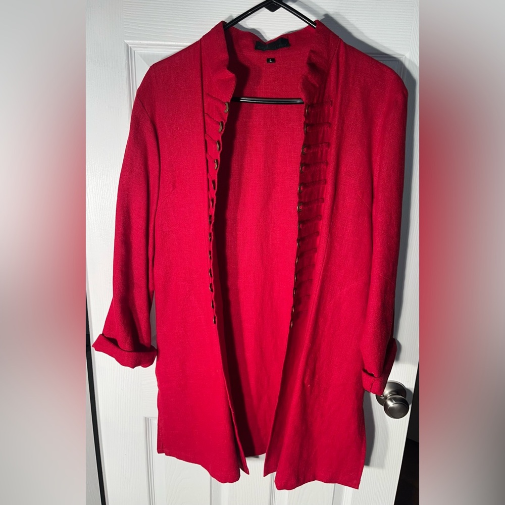 Women’s Peacock Jacket Blazer Lucky Red Coin Button 100% Linen Open Front Large